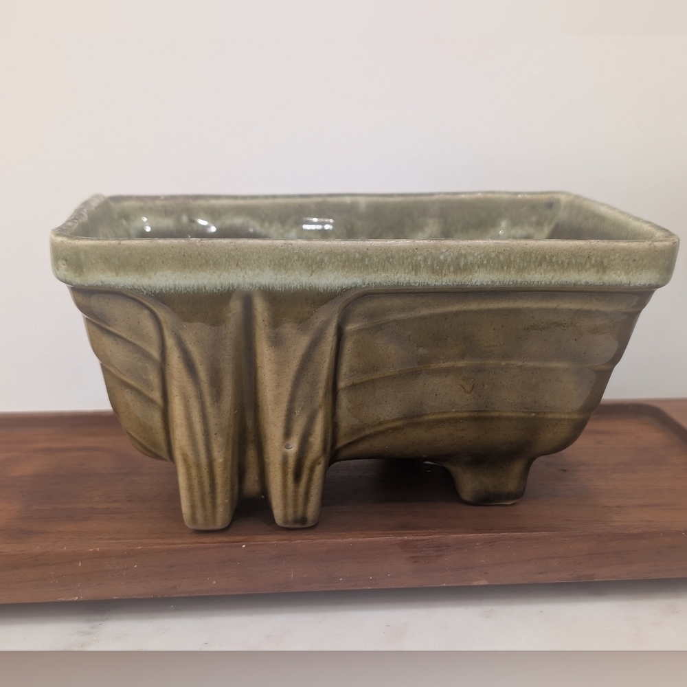 Vintage Mid-Century Modern Crookson Ceramic Footed Planter-Moss Green Glaze